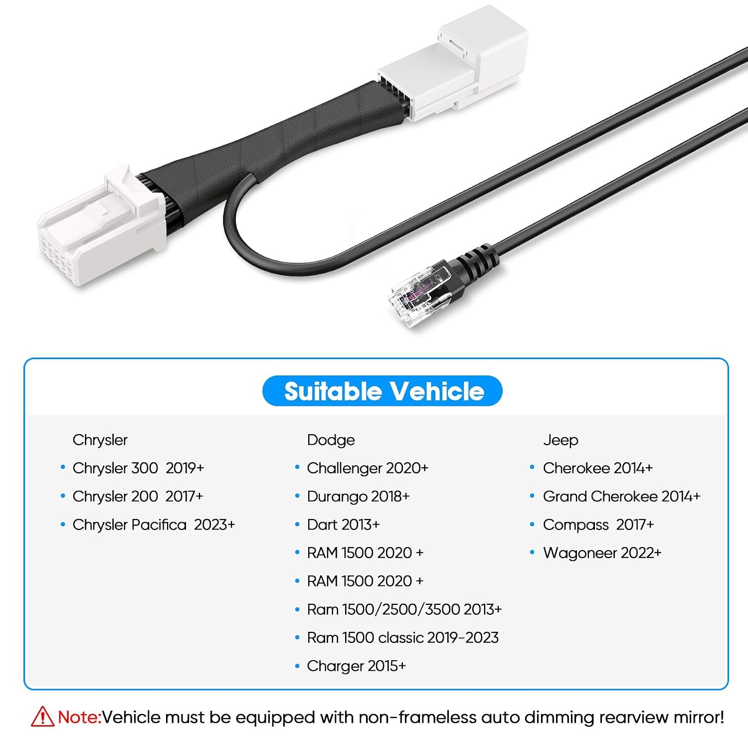 Radar Detector Power Adapter RJ11 Plug (10P Type C) Compatible with Dodge RAM,Charger,Challenger,Grand Cherokee,Chrysler,with Auto-dimming Rearview Mirror,Radar Detector Adapter Cable,Clean Install