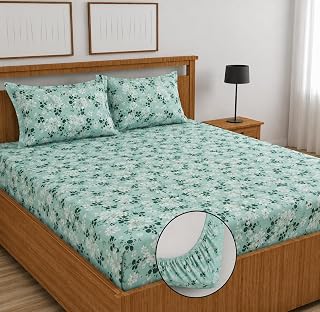 200 TC Glace-Cotton All Around Elastic Fitted Bedsheet, Elastic Fitted Bedsheet King Size Bedsheet for Double Bed with 2 Pillow Covers, Size - 72 x 78 x 8 Inch Color White