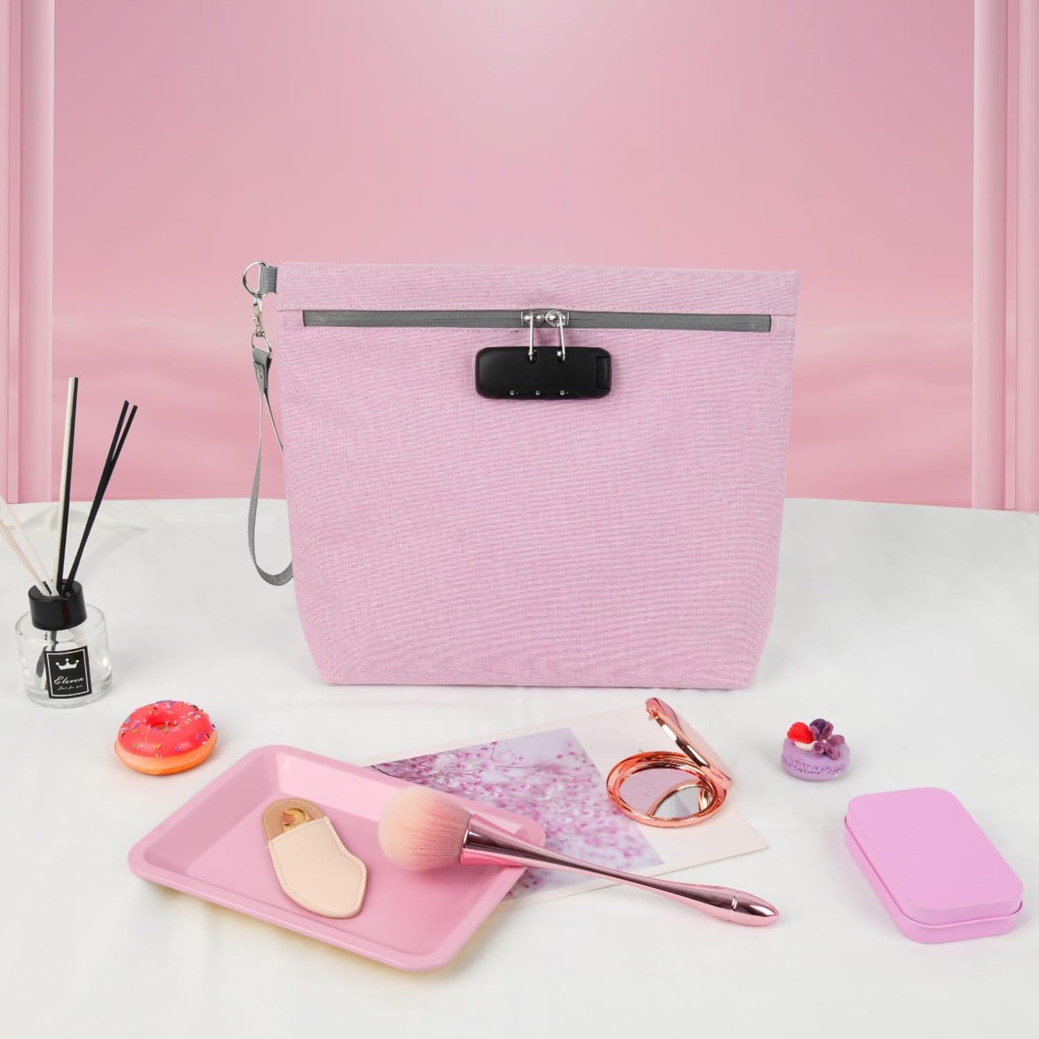 Pink Medium Size Smell Proof Bag with 10 PCS Small Accessories, Water-Resistant Cosmetic Pouch with Combination Lock, Premium Organizers Storage Case, Great Gift for Women.