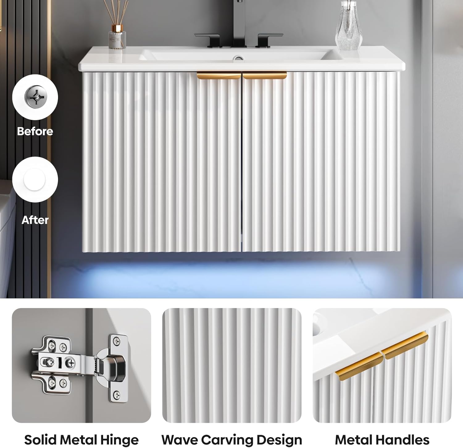 Bathroom Vanity with Sink, 30" Wall Mounted Floating Vanity Cabinet, Modern Bathroom Sinks with LED Light, Metal Handle & Double Soft-Close Doors, White