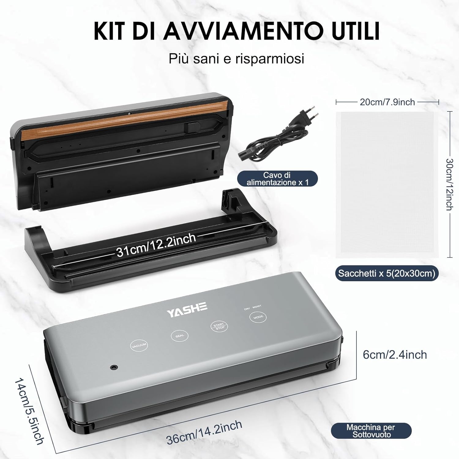 Contents of the YASHE Vacuum Sealer starter kit including bags and power cable.