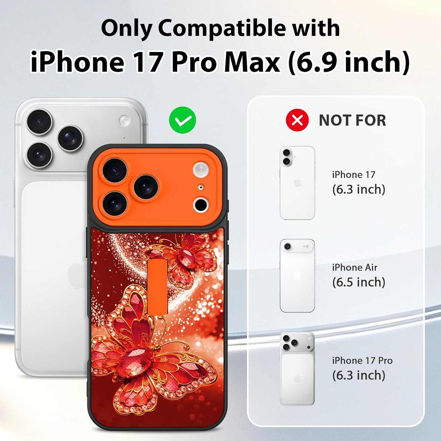 Phone Case Made for fit for iPhone 17 Pro Max, Strap Stand, Cover for Girls Women -Orange Butterfly