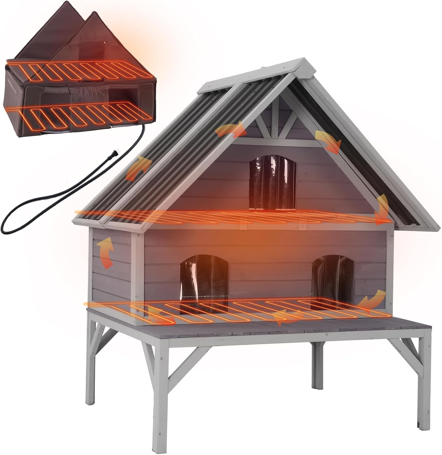 GUTINNEEN Heated Outdoor Cat House Insulated Cat Shelter with 2 Separate Levels, Insulated Liner, Heating Pad, Large Porch, Three Escape Doors for 2-4 Feral Cats Weatherproof