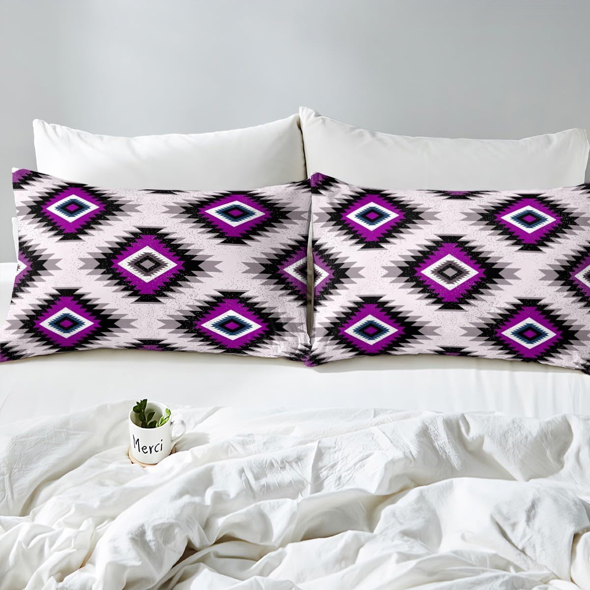 Kids Southwest Native American Design Sheet Set King Purple Grey Geometric Bed Sheets Set for Boys Girls Bedroom Decor Tribal Sheets with Deep Pocket Fitted Sheet Set Women Men With 2 Pillow Case