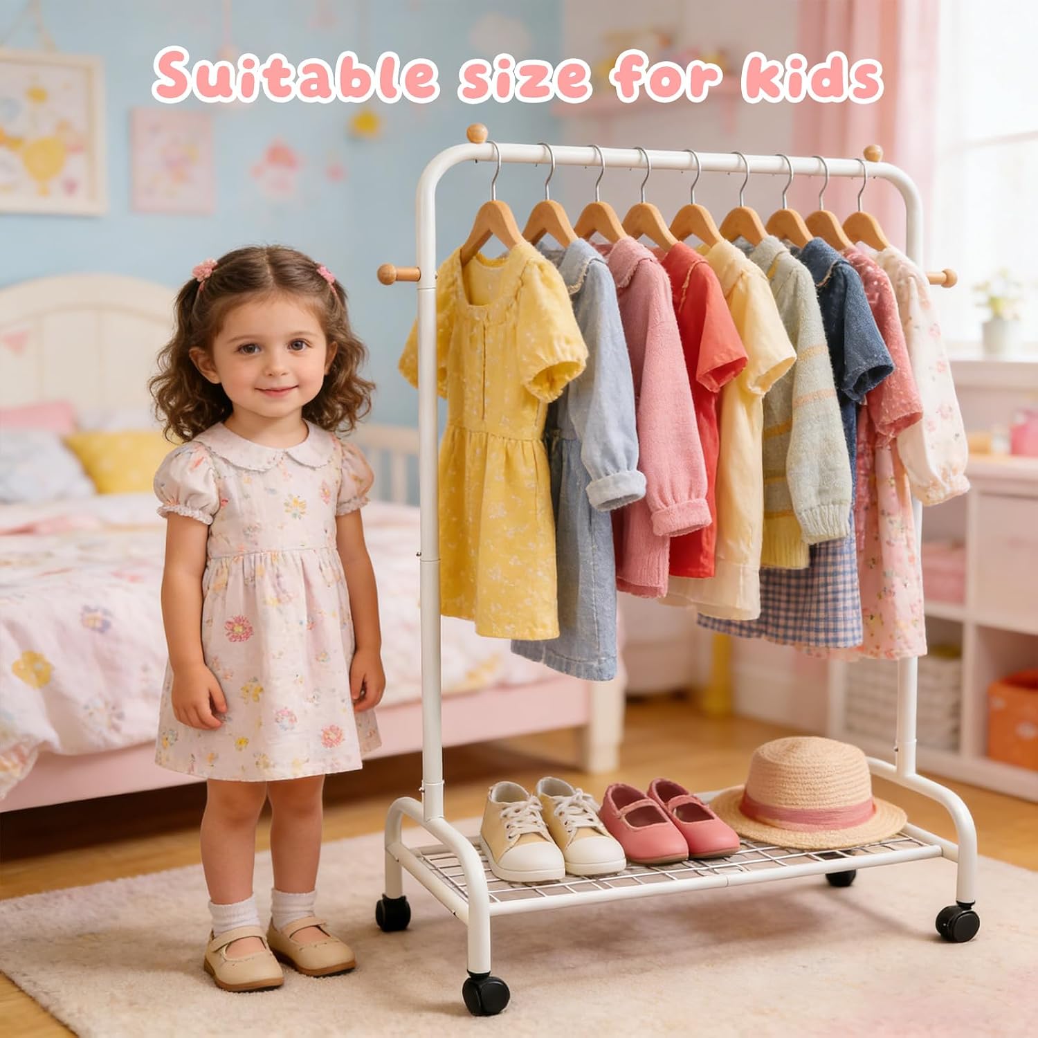 AMDBHC Kids Clothing Rack with Wheels and Bottom Storage Shelf Baby Dress up Rack for Hanging Clothes White Metal