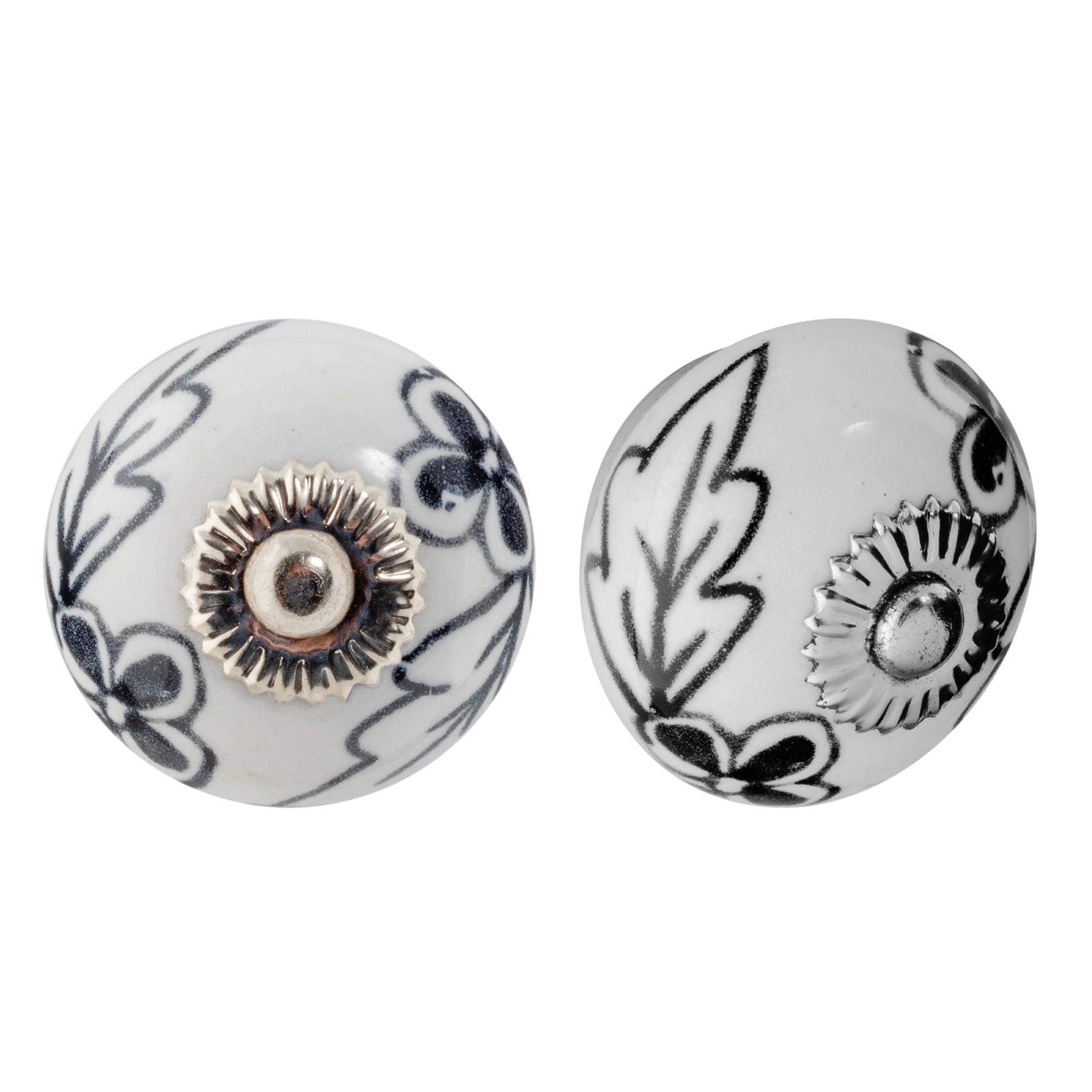 Nicola Spring Ceramic Cupboard Drawer Handle Knobs - Floral Design - Black/White Flower - Pack of 12