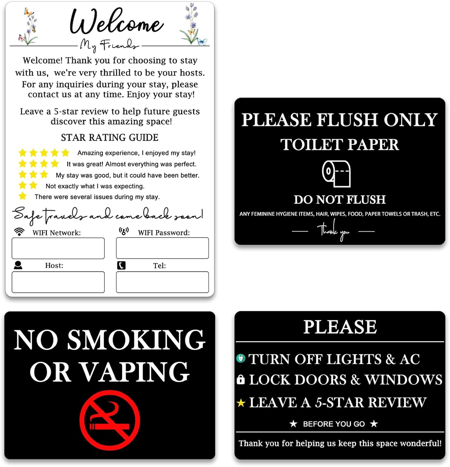 4 Acrylic Air Bnb Essentials for Hosts - House Rules Sign Set | Welcome & Review Request & WiFi Password Sign for Guests | Do Not Flush, No Smoking, Turn Off Lights & AC | Vacation Rental Supplies