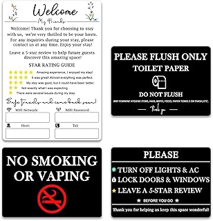 4 Acrylic Air Bnb Essentials for Hosts - House Rules Sign Set | Welcome & Review Request & WiFi Password Sign for Guests | Do Not Flush, No Smoking, Turn Off Lights & AC | Vacation Rental Supplies
