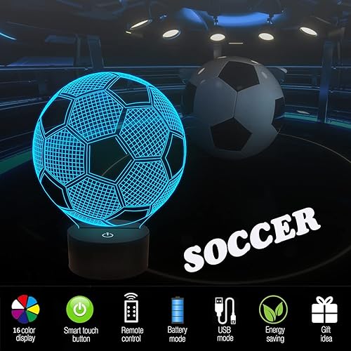 Miniatura 8 de FULLOSUN Luz nocturna para niños, fútbol, lámpara de ilusión óptica 3D con control remoto, 16 colores cambiantes, fútbol, cumpleaños, Navidad, día