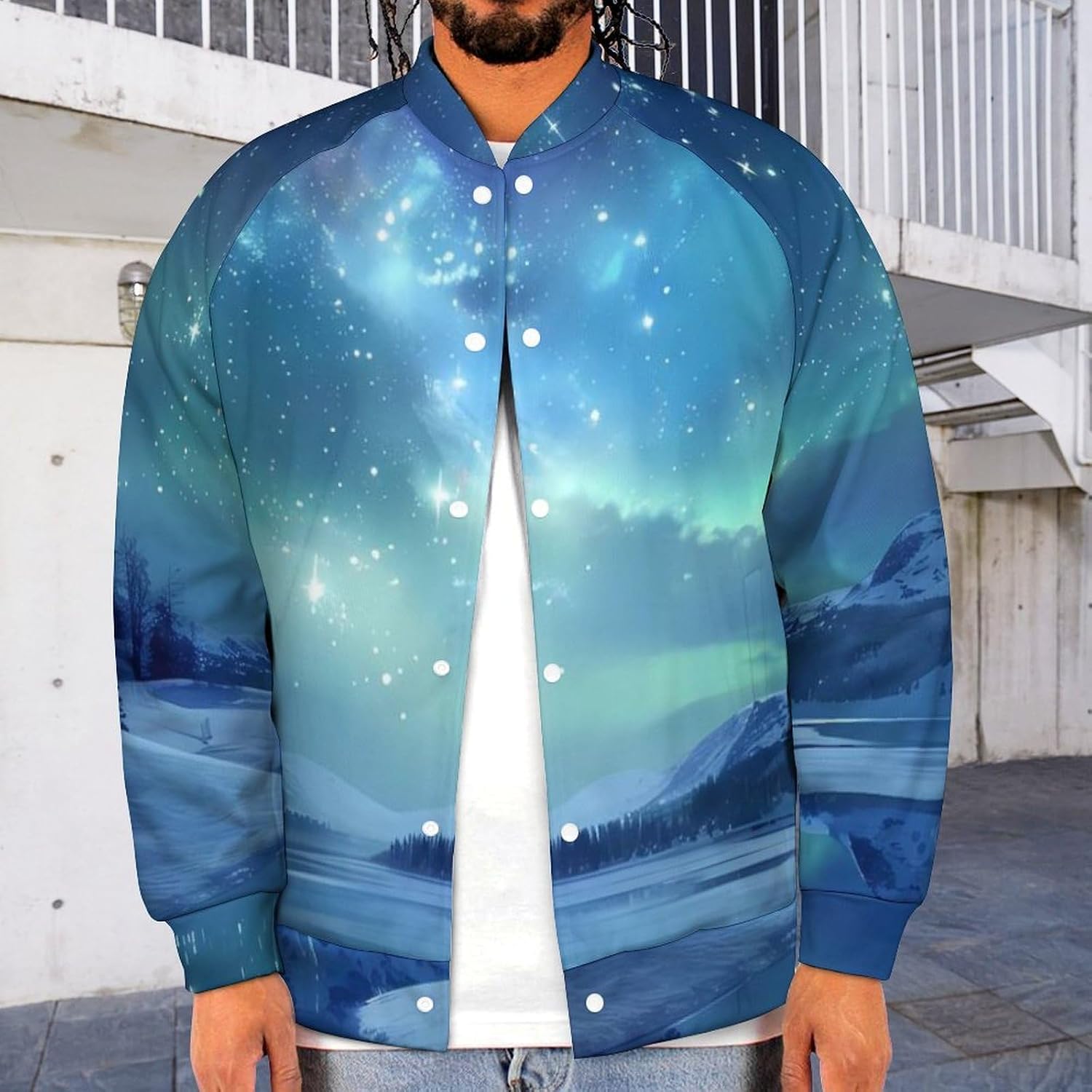 Starry Sky Novelty Men's Baseball Jackets Causal Sweatshirt Button Top Long Sleeve Coat
