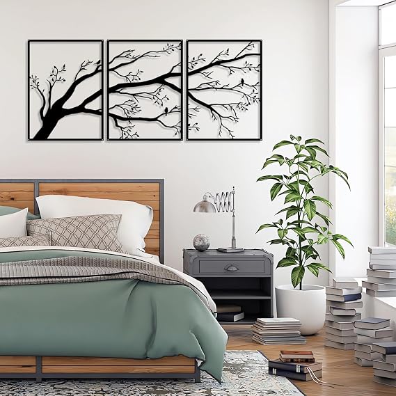 Pduoduo 3'lü Set Büyük Hayat Ağacı Duvar Dekoratif, Metal Duvar Dekoru, Ağaç Tabelası, Daldaki Kuşlar Ev Bahçe Ofis İç Mekan Dış Mekan için Metal Heykel (39,9 x 89,9 cm)