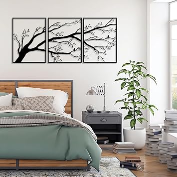 Pduoduo 3'lü Set Büyük Hayat Ağacı Duvar Dekoratif, Metal Duvar Dekoru, Ağaç Tabelası, Daldaki Kuşlar Ev Bahçe Ofis İç Mekan Dış Mekan için Metal Heykel (39,9 x 89,9 cm)