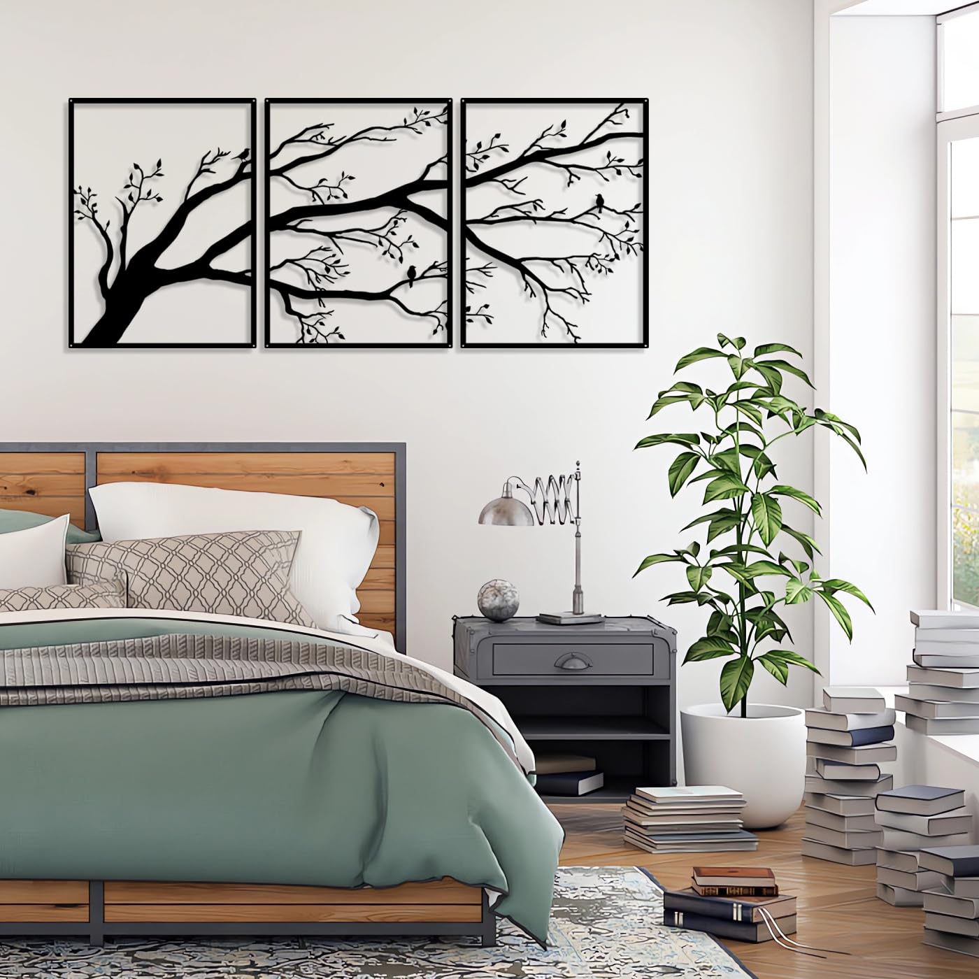 Pduoduo Set de 3 grands arbres de vie,décoration murale en métal,signe d'arbre,oiseaux sur la branche,sculpture en métal pour la maison,le jardin,le bureau,l'intérieur et l'extérieur (Small)