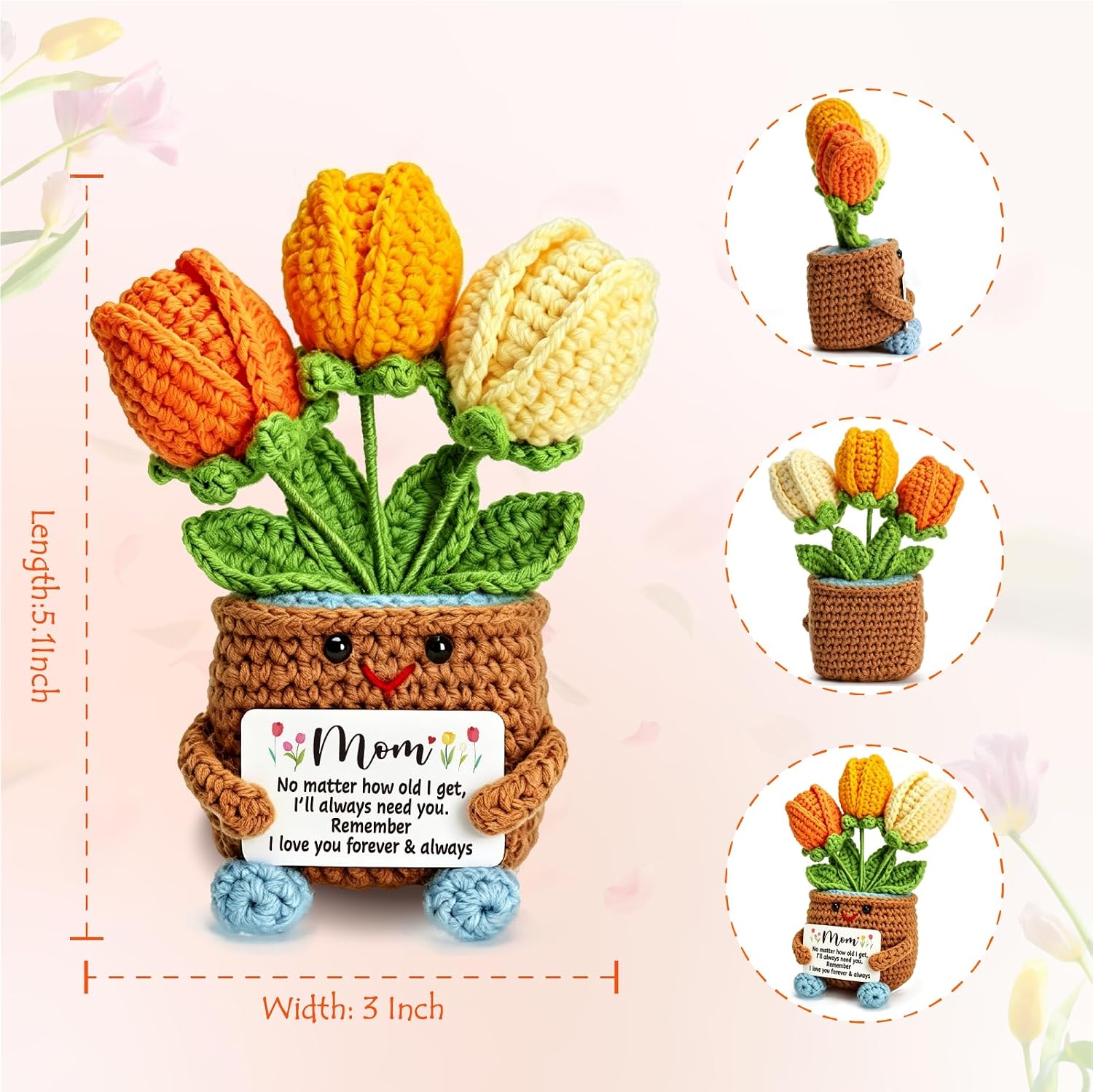 Mini Gifts for Mom from Daughter Son, Cute Mothers Day Birthday Gifts for Moms, Mother, Mama, Handmade Crochet 3 Flowers Pot, Mother's Day I Love You Gift for Mum, Tulip Crochet for Mom