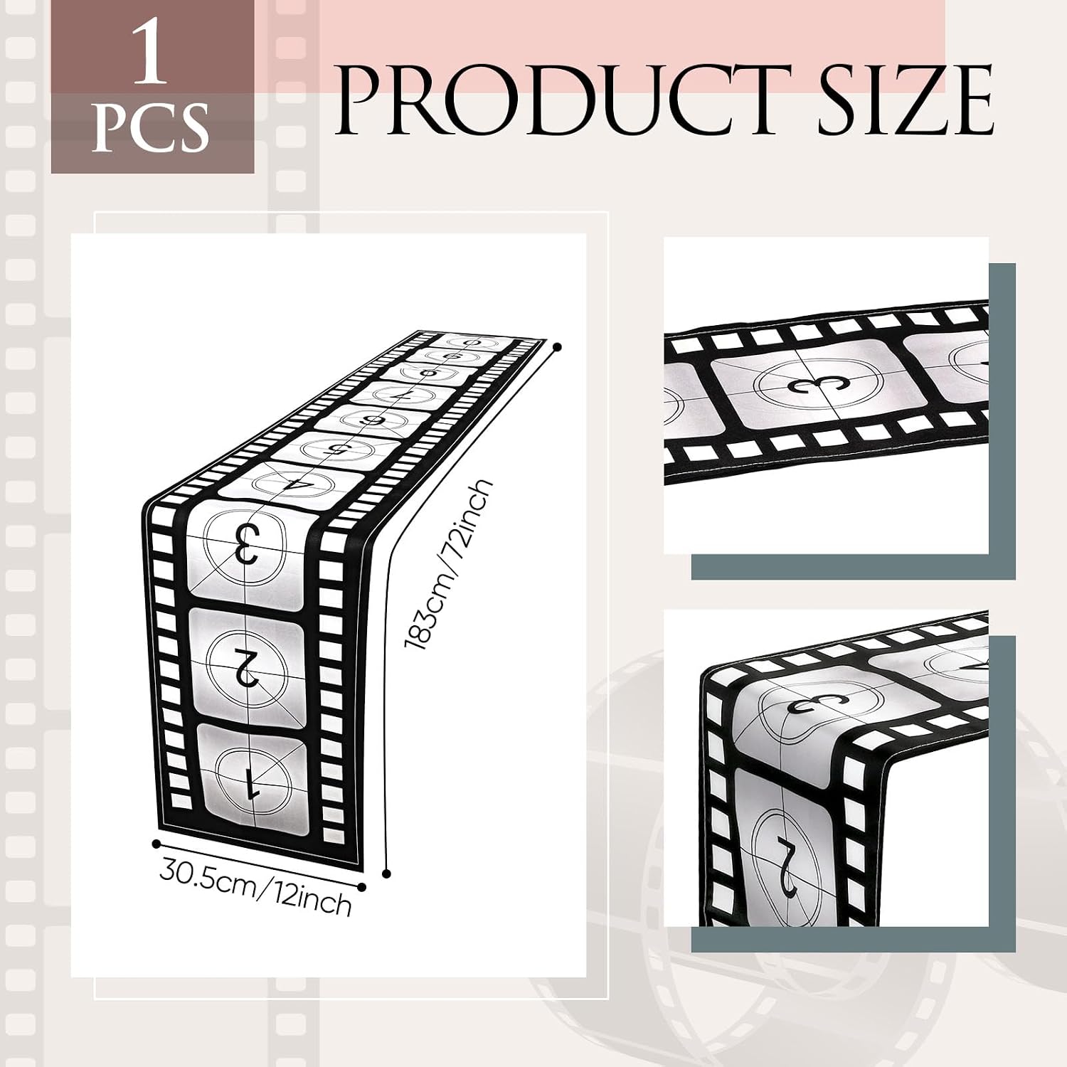 Breling 12 x 72 Inch Movie Night Table Runner Movie Theme Party Decorations Supplies Film Strip Table Runner Film Reel Tablecloth Decor for Kitchen Party(Classic Style,1 Pcs)