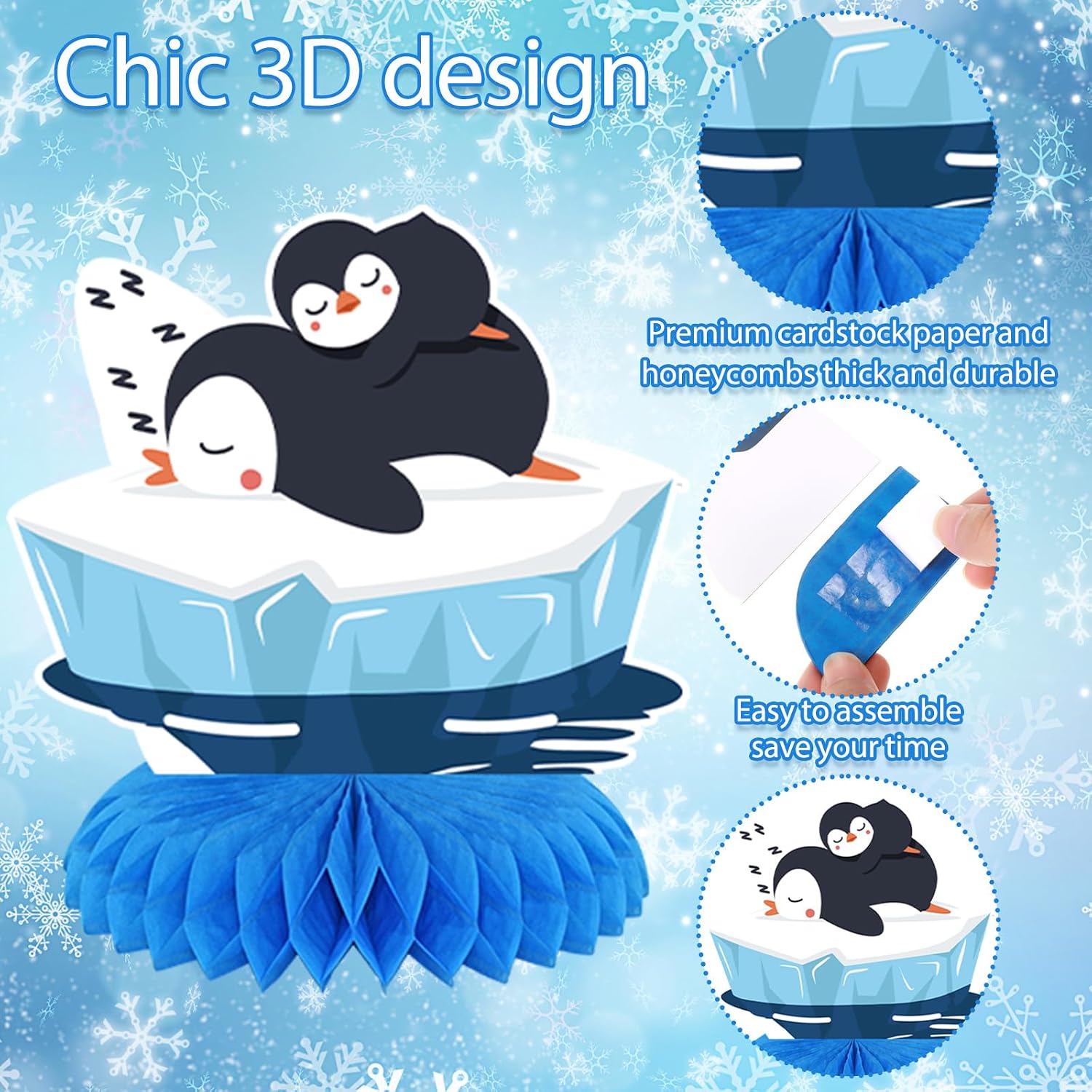 MiniInflat 12 Pcs Penguin Birthday Party Decoration Arctic Animals Honeycomb Centerpieces Winter Polar Bear Table Topper for Baby Baptism Birthday Party Decorations(Penguin)