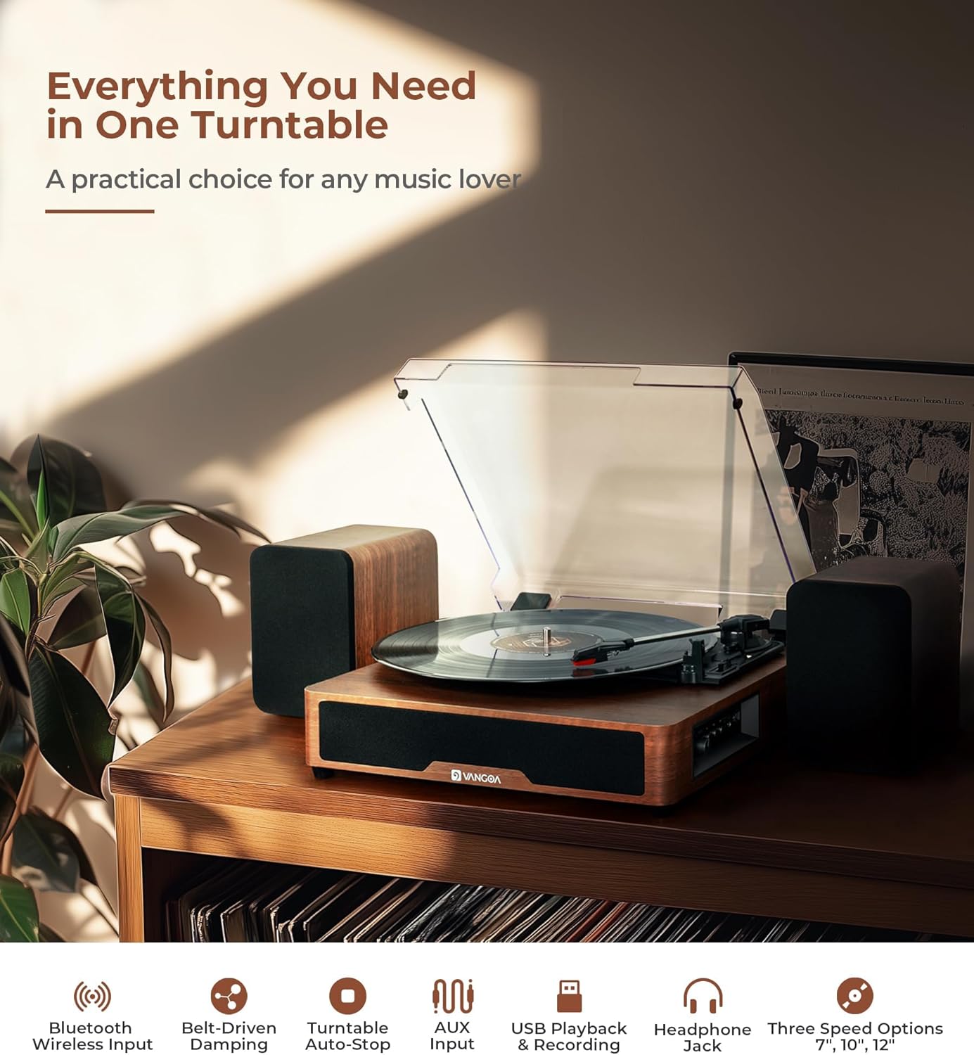 Vangoa Vinyl Record Player with Dual Stereo Speakers Belt-Drive Vintage Turntable for Vinyl Records 3 Speed Playback LP Players Bluetooth Vinyl Players Auto Stop with Cleaning Kit, Brown