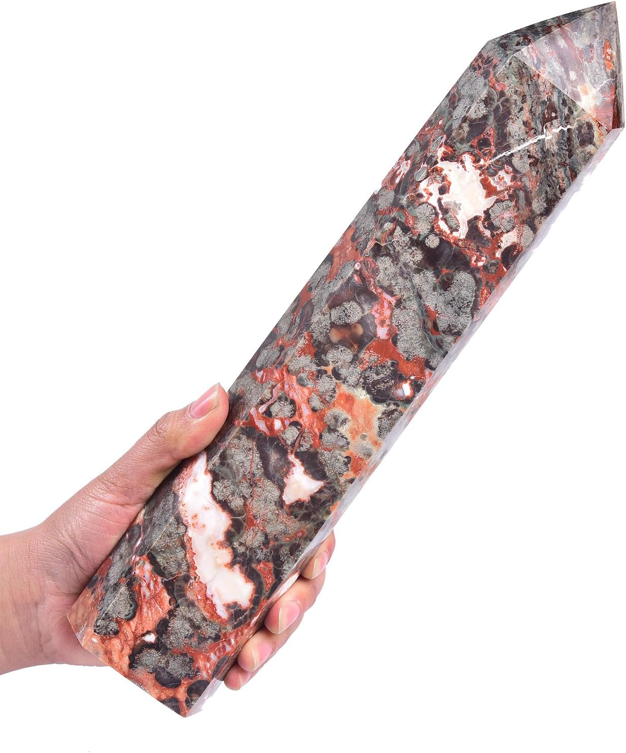 AMOYSTONE Mexican Red Agate Hexagon Tower with Grounding Energy for Meditation & Office - Heavy Polished Stone Shelf Decor, Unique Spiritual Gift for Healers (1-1.7 LBS)