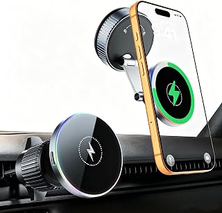 Carregador rápido sem fio de 15 W para carro com ventosa a vácuo, [carregamento rápido sem fio com luz RGB] Suporte magnético removível de rotação de 360° para iPhone 17/16/15/painel/para-brisas/tela