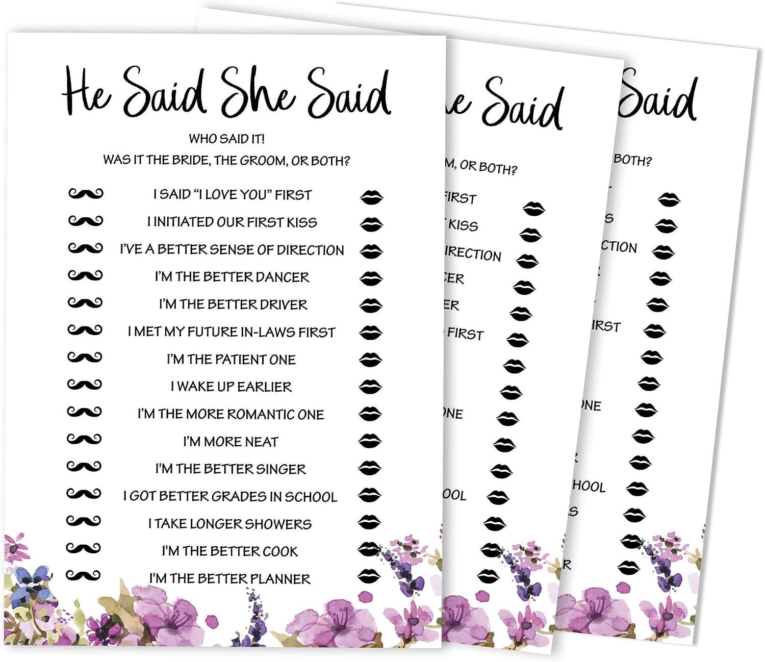 Floral 50-Pack He Said She Said Cards for Couples Funny Rehearsal Dinner Who Said it Question Bridal Shower Engagement Party Game Ideas
