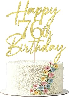 Gold glitter script happy 76th birthday cake topper