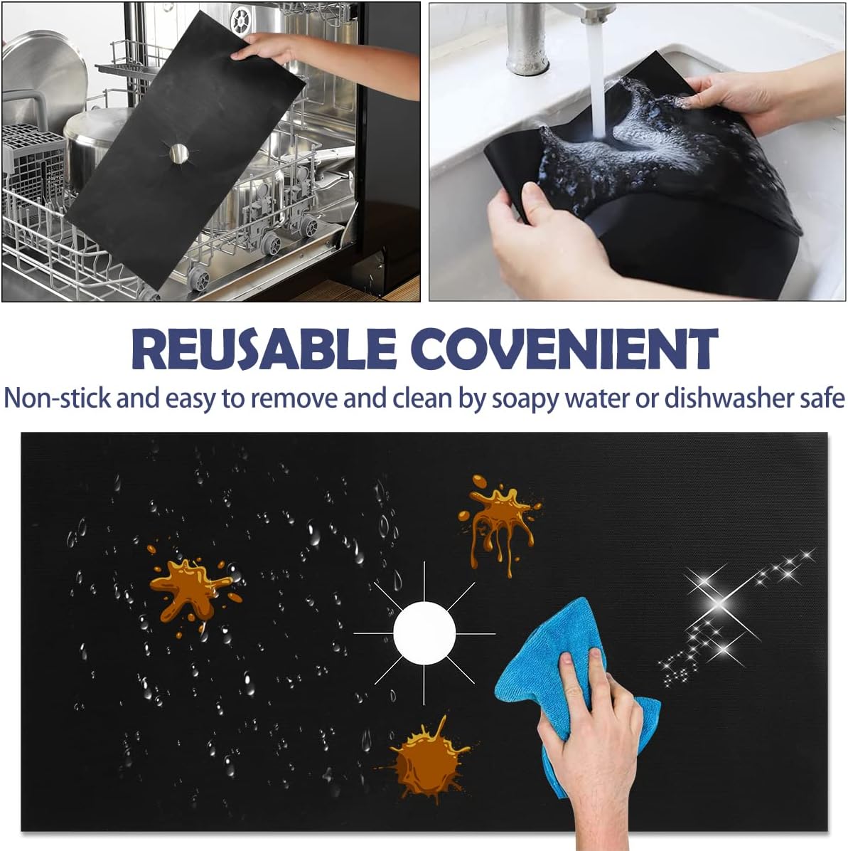 Reusable Gas Stove Burner Covers,Universal Gas Stove Protectors, 5 Hooks Non-Stick Heat Resistant Stove Top Gas Range Protectors Dishwasher Safe for Home Kitchen, Black, 2024050505
