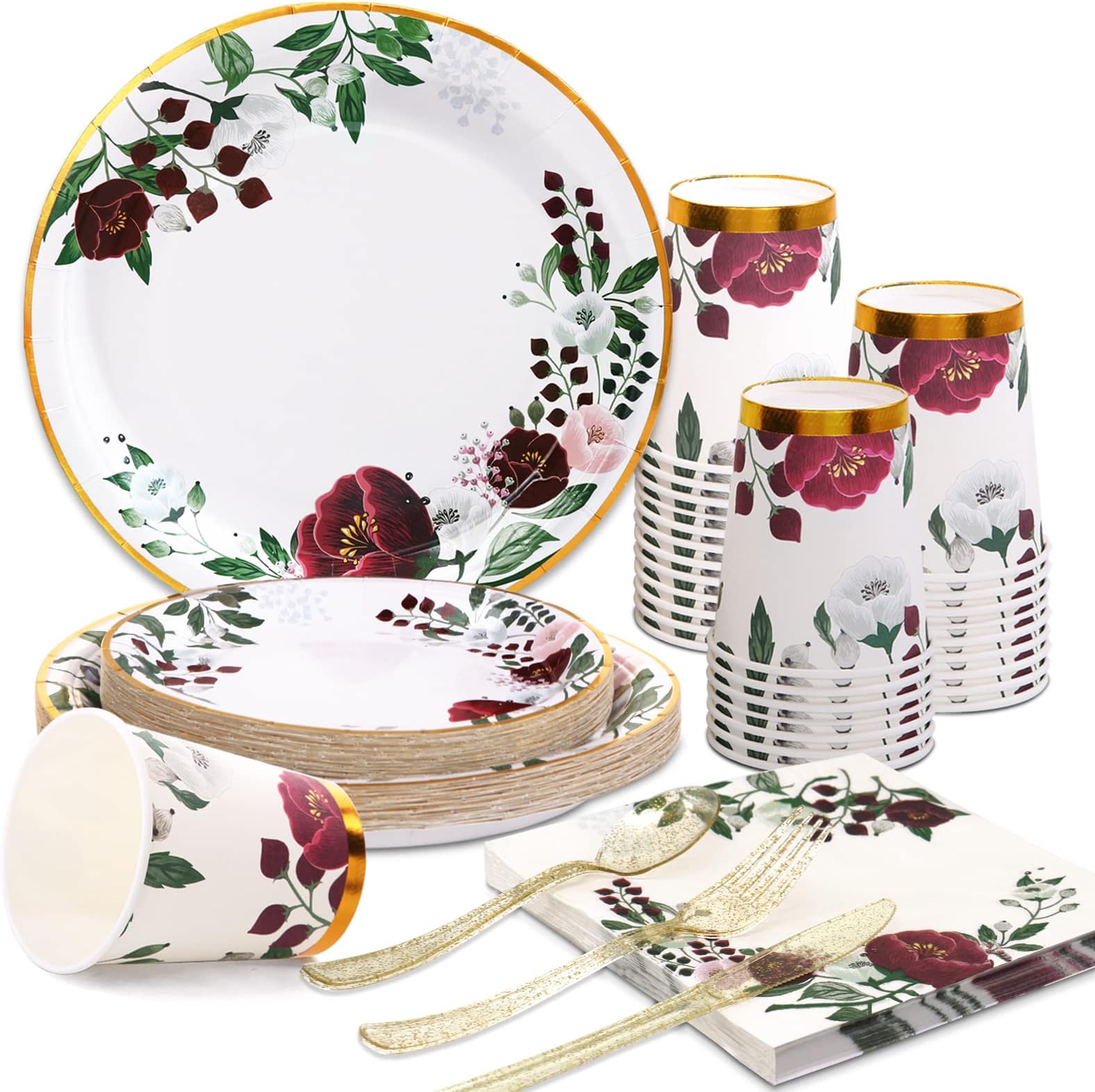 Floral Party Supplies 168Pcs Paper Plates Tableware Set Serves 24 guests for Bridal Shower, Birthdays, Baby Shower Decorations…