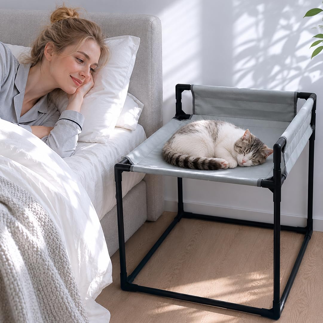 Bedside Cat Bed for Indoor Cats & Small Dogs, Elevated Pet Bed with L-Shaped Guardrail, Metal Frame & 600D Oxford Fabric, Raised Side Bed for Pets, Window Perch Cat Hammock Bed