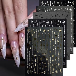 7 Sheets Star Lines Nail Art Stickers Decals Gold Silver Black White Nails Stickers for Nail Art Self-Adhesive Moon Nail Decals