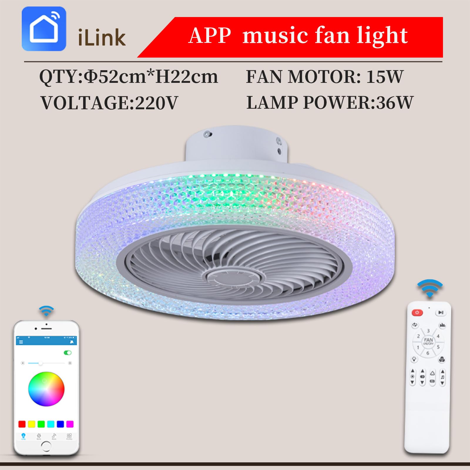 Ventilatore da soffitto bianco con altoparlante Bluetooth e luce integrata, senza pale, con luce LED a colori variabili, piccolo, moderno e lucido, da incasso per camera da letto, con timer e 6 veloc
