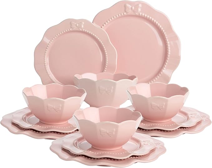 Paris Hilton 12-Piece Dinnerware Set, Embossed Bow Design, Service for 4 with Dinner Plates, Salad Plates, and Bowls, Pink