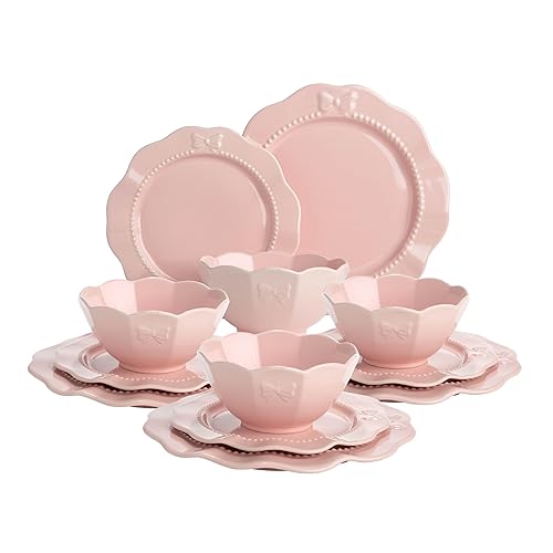 Paris Hilton 12-Piece Dinnerware Set, Embossed Bow Design, Iconic Ceramic Stoneware Service for 4 with Dinner Plates, Salad Plates, and Bowls, Microwave & Dishwasher Safe, Pink
