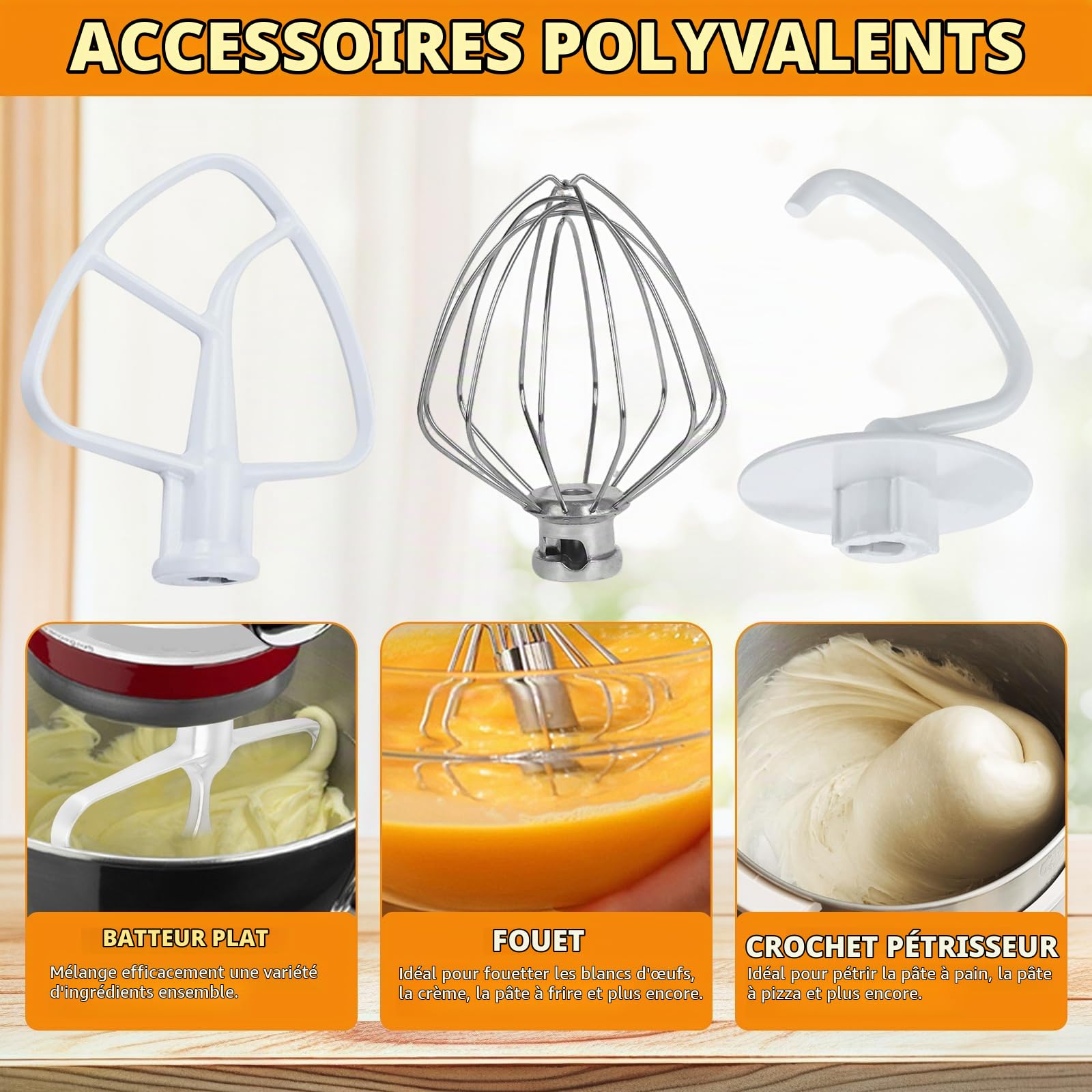 3PCS Fouet à Mousse et Batteur Plat Flexible et Crochet Pétrisseur pour kitchen-a-i-d 4,5 à 5 quart Artisan & Classic Series