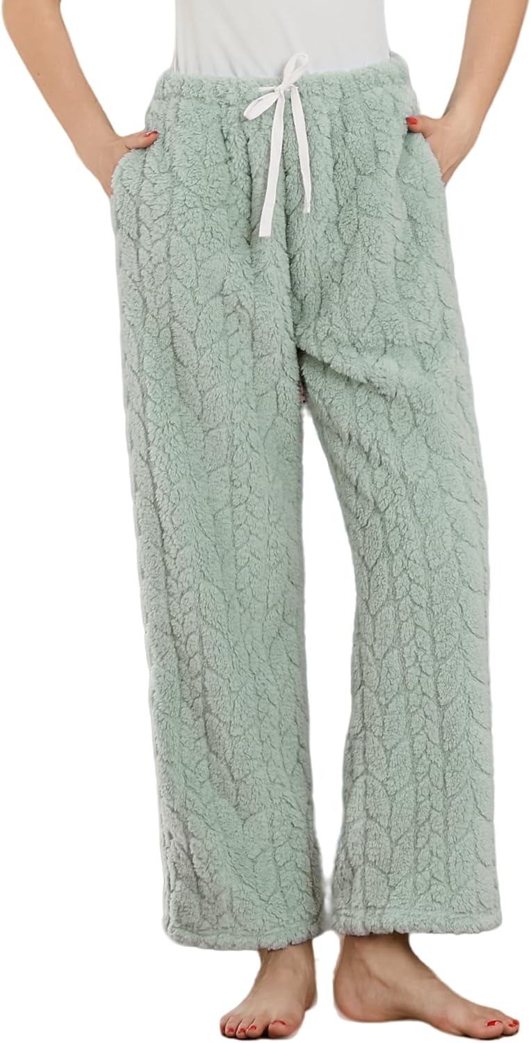 LYCY Fluffy Pajama Pants for Women, Comfy Fuzzy Pj Bottoms with Pockets Drawstring Fleece Sleepwear Soft Winter