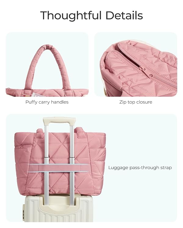 BAGSMART Tote Bag for Women, Puffy Tote Bag with Zipper, Large Quilted Shoulder Bag with Compartments for Travel, Work, Gym (Dark Pink) by BAGSMART - Used condition - Image 5