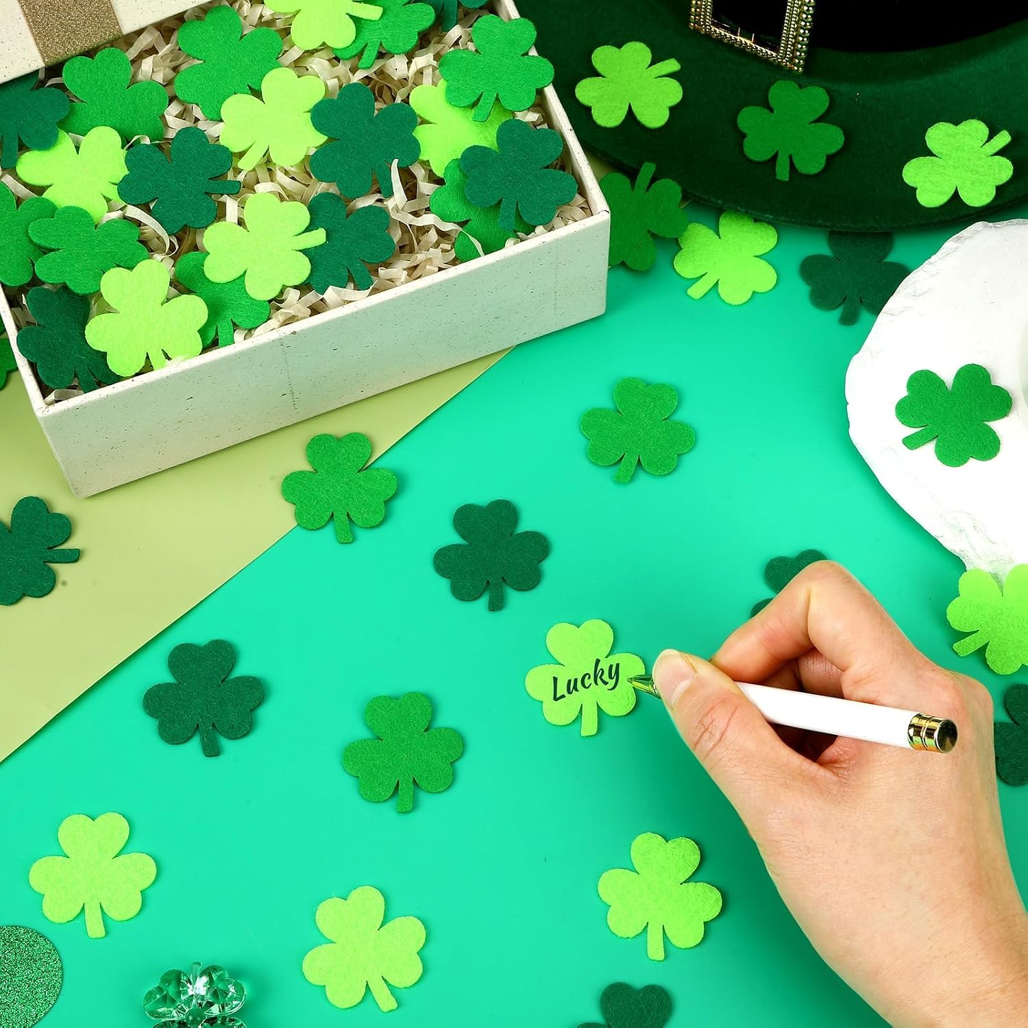 SEPGLITTER 300 Pcs St. Patrick's Day Shamrock Felt,1.4 Inch Mini Irish Clover Green Balls Cutout with Acrylic Adhesives for St Patricks Day Pompom Embellishment DIY Crafts Scrapbooking Decor