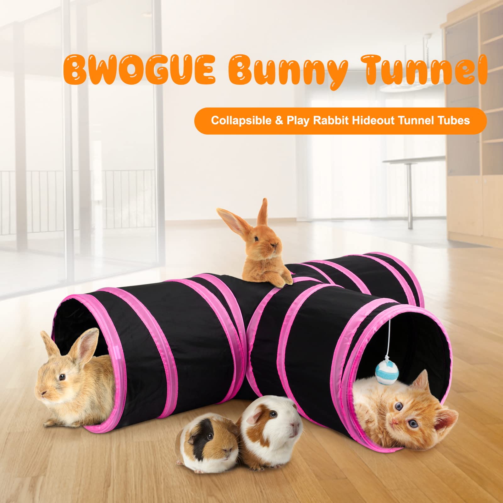 BWOGUE Bunny tunnel e tubi pieghevoli 3 vie coniglietto nascondiglio piccolo animale attività tunnel giocattoli per conigli nani coniglietto porcellini d'India Kitty