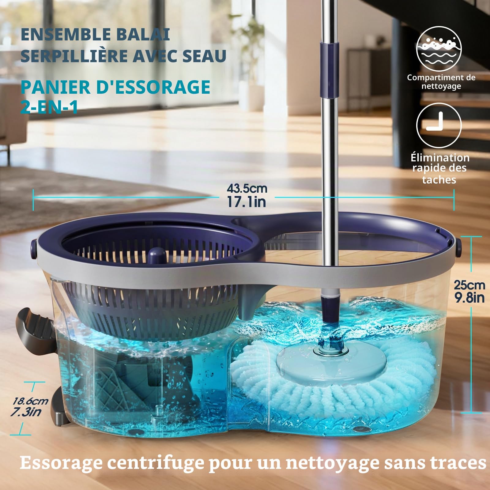 Masthome Serpillière Seau Essoreur, Balai à Frange et Seau à Pédale, Balai Serpillère Rotatif Envoyer 3 Tampons,Serpillère en Microfibre pour Nettoyage sols, Gris