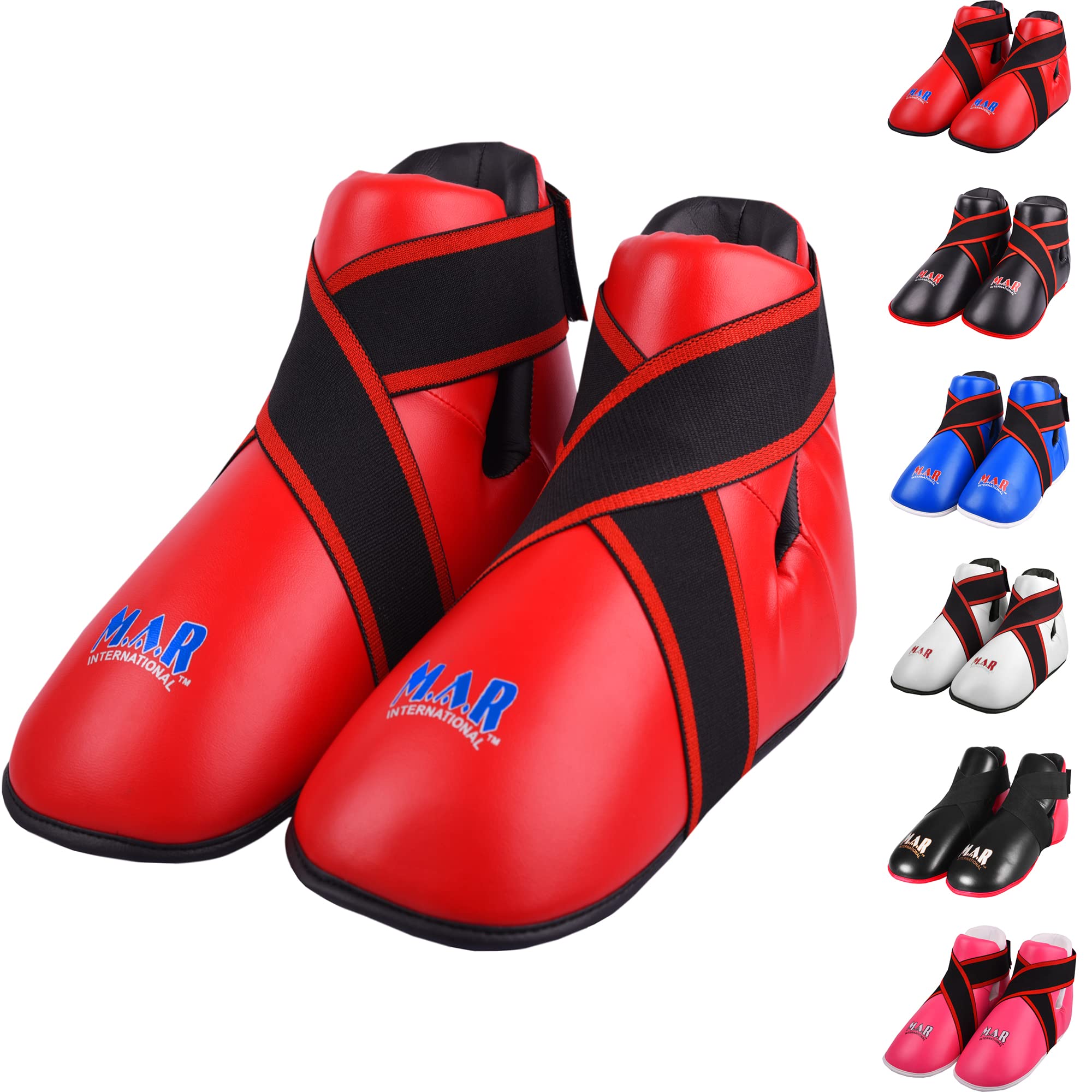 MAR | Red Martial Arts Foot Protector for Karate, Kickboxing, Muay Thai, Taekwondo, Karate K1 Kick Boots, Taekwondo Foot Protectors, Moulded Foam Padding Elasticated Toe Loops (X-Large)