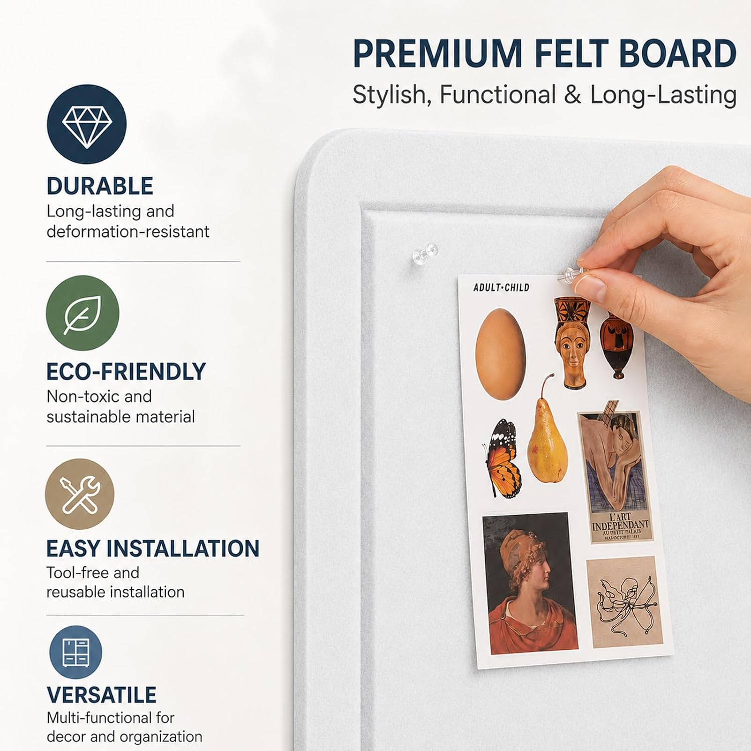 Felt Bulletin Board for Wall 48" x 36" Unfolded Size, Large Frameless Felt Pin Board, Soft Cork Board Alternative for Office, Home Planning, Notes, Photos & Wall Decor, Foldable Shipping, Easy Install