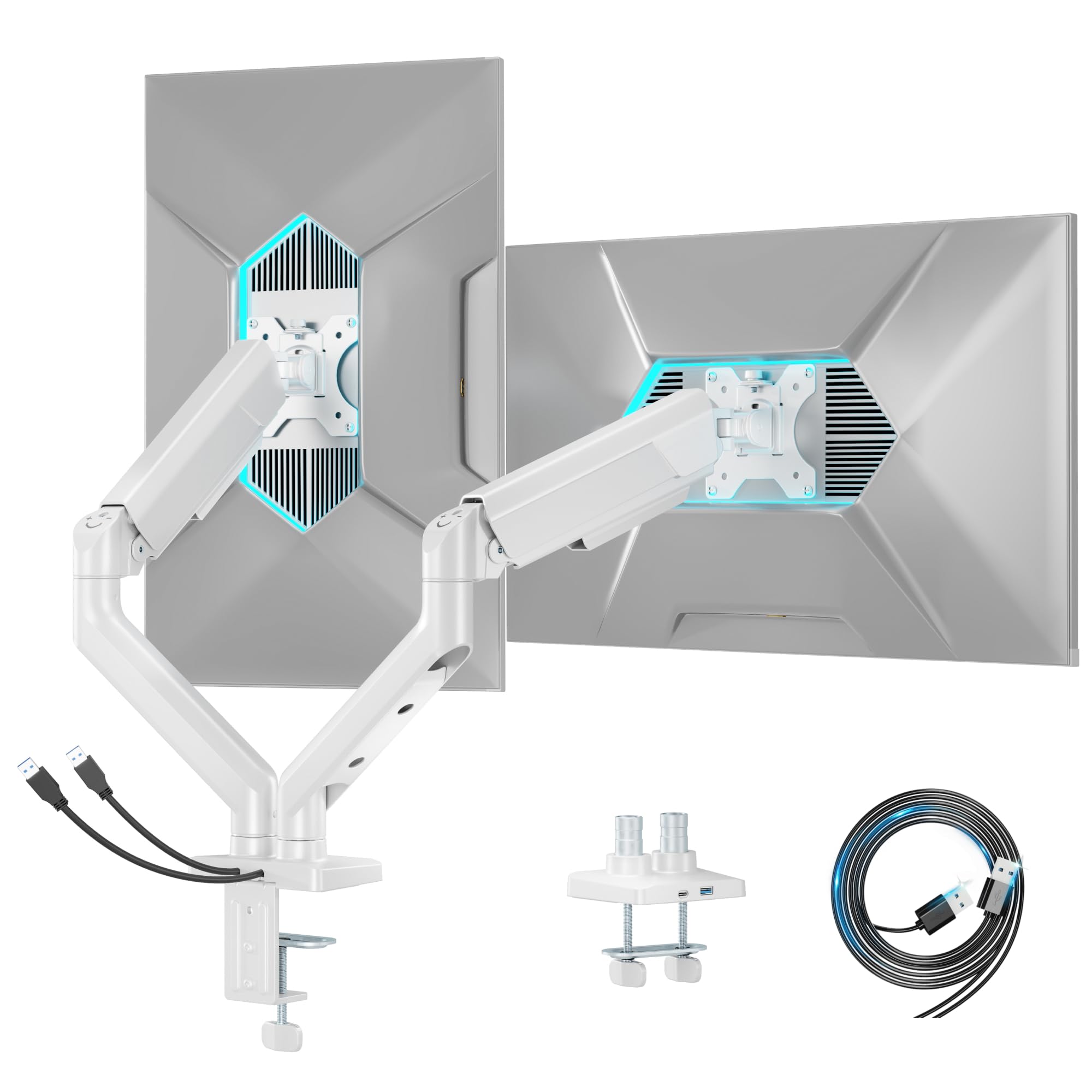 ARES WING Soporte Dual para Monitores 17"–35", VESA 75/100 mm | Brazo Doble 2–12 kg con Puertos USB-A/C, Gestión de Cables, Inclinable/Giratorio/Rotatorio