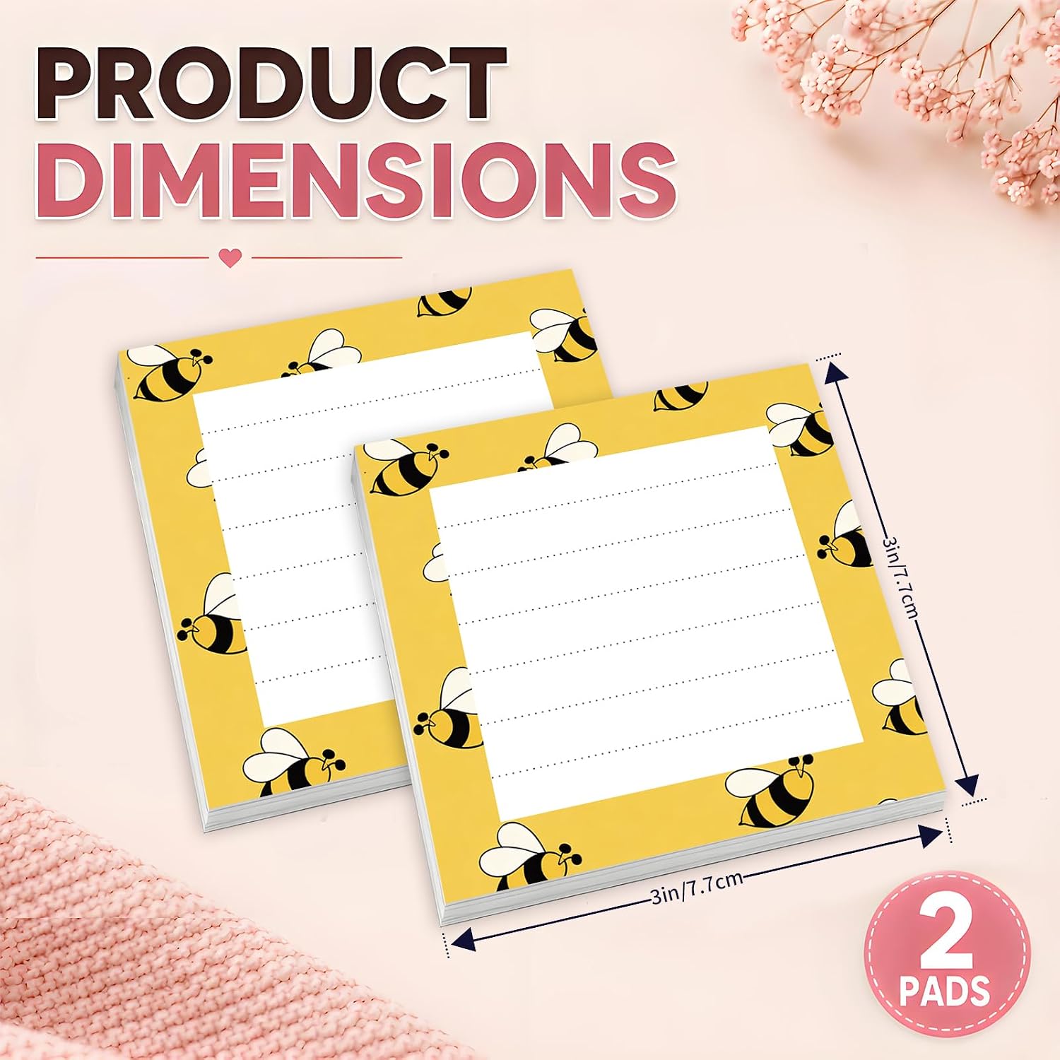 Sticky Notes 3x3, Bright Cute 2 Pack Self-Stick Note Pads, Strong Adhesive Memo Pad, Easy to Post for Home, Office Cute Yellow Bees image 2