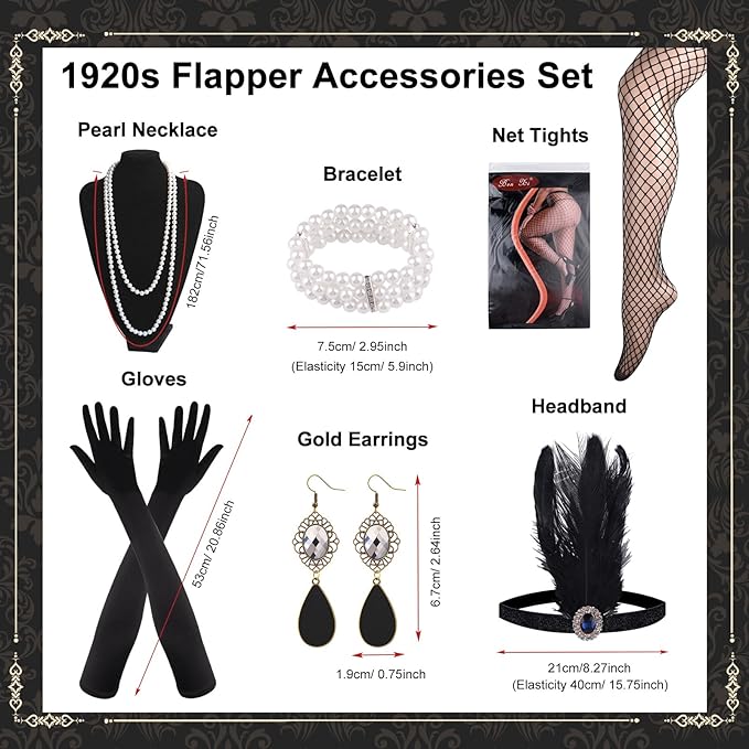 Jaren 20 accessoires voor dames, flapper hoofdband uit de jaren 20, zwarte ellebooghandschoenen, verenband, hoofdband, parels, zwart, hoofdband, flapper, lange zwarte avondhandschoenen