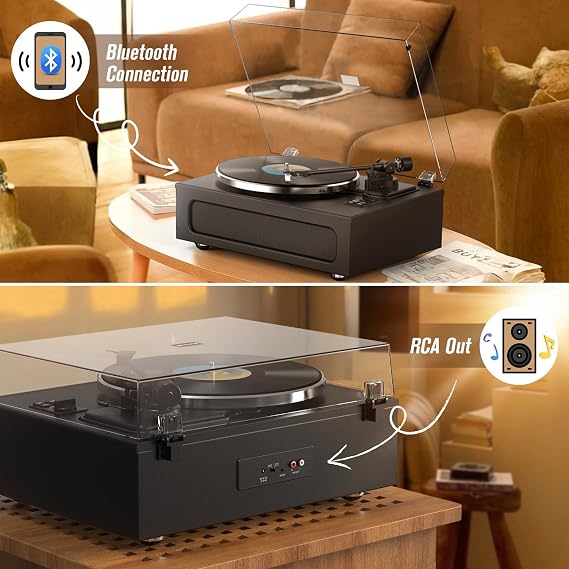 Retrolife Vinyl Record Player All-in-one Classic Turntable,Pure Black | HiFi Audio AT-3600L MM Cartridge,Built-in 4 Stereo Speakers,Belt-Driven,3 Speed,BT Wireless Input,AUX RCA Line,Auto Stop