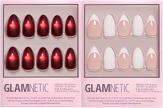 Glamnetic Press-On Nails Bundle - Frosted Cranberry & Sweater Weather | Short Almond Fake Nails in Deep Red with Jelly Finish | Short Almond Fake Nails with White Glitter French Tips & 3D Designs | Du