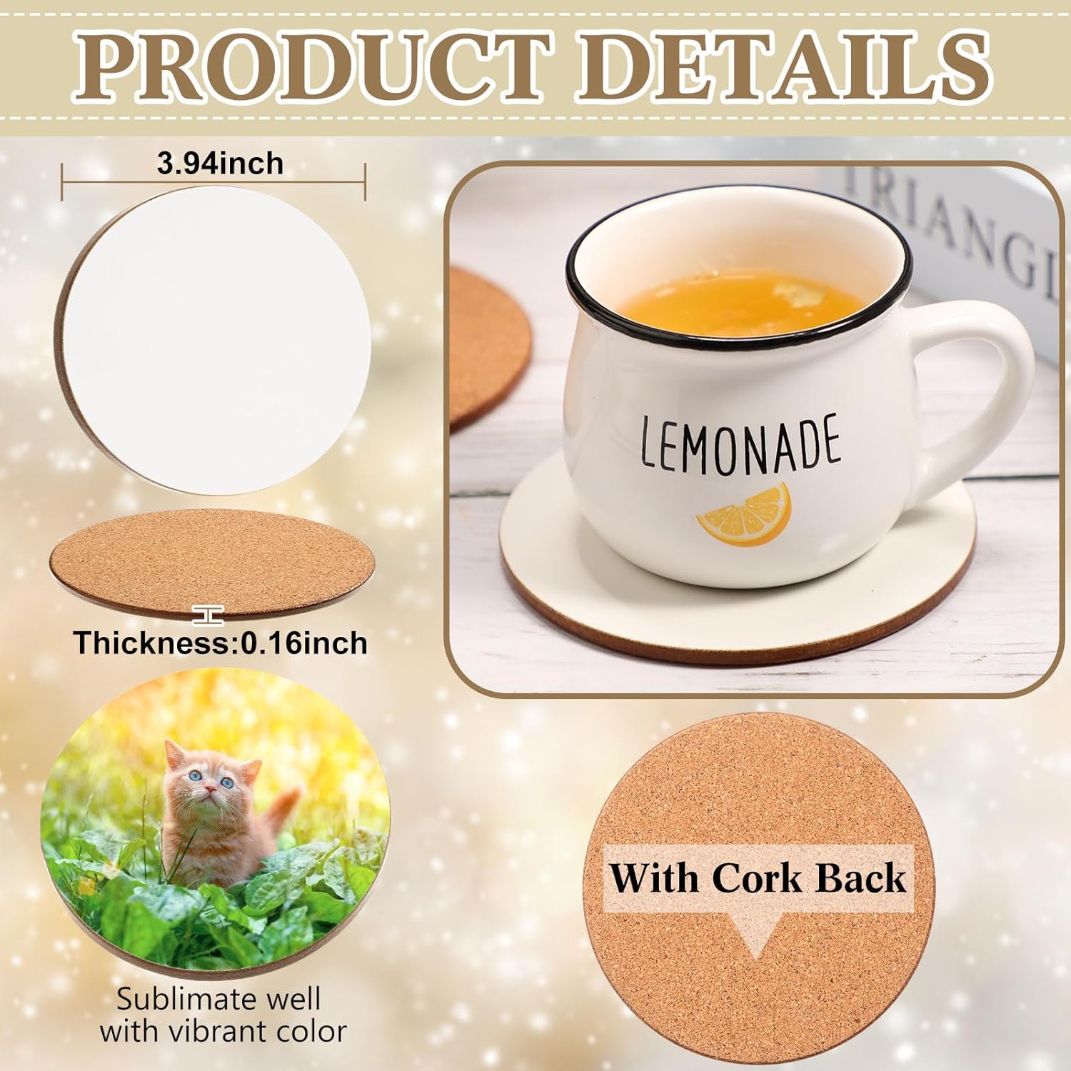 Ziliny 24 Pcs Sublimation Coasters 4 x 4 Inch Hardboard Coaster Cork and MDF Blank Coasters Sublimation Car Coasters Heat Press Parts Accessories for Kitchen Drink Ornaments (Round)