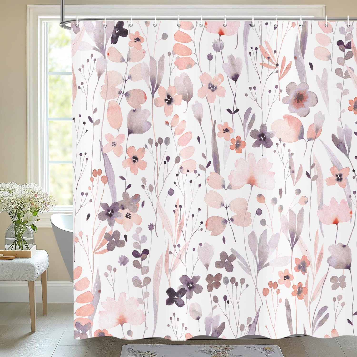 deFouliao Watercolor Floral Shower Curtain Orange Cute Flower Plant Bathroom Curtain for Bathtub Modern Minimalist Waterproof Fabric Shower Curtains Set with Hooks, 72x72 Inch