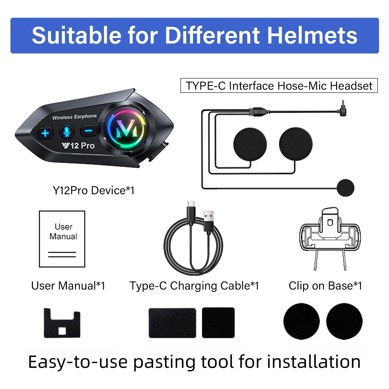 Auriculares para casco de motocicleta con intercomunicador de 2 vías de 500 yardas, sonido HiFi, cancelación de ruido, compartir música, batería de 1000 mAh, FM, fácil de conectar/usar