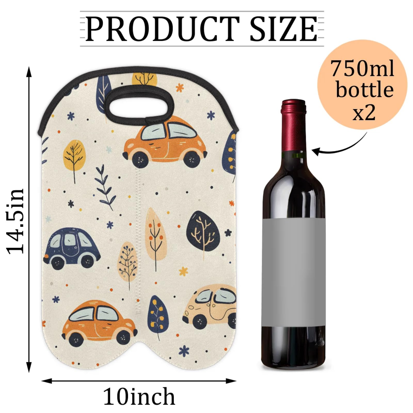 GzLeyigou 2 Bottles Mini Cars Wine Bag Sleeve Totes Neoprene Protective Wine Carrier Bag for Wine,Water, Champagne, Beer, Baby Bottles,Gift 14.5 x 10 Inches