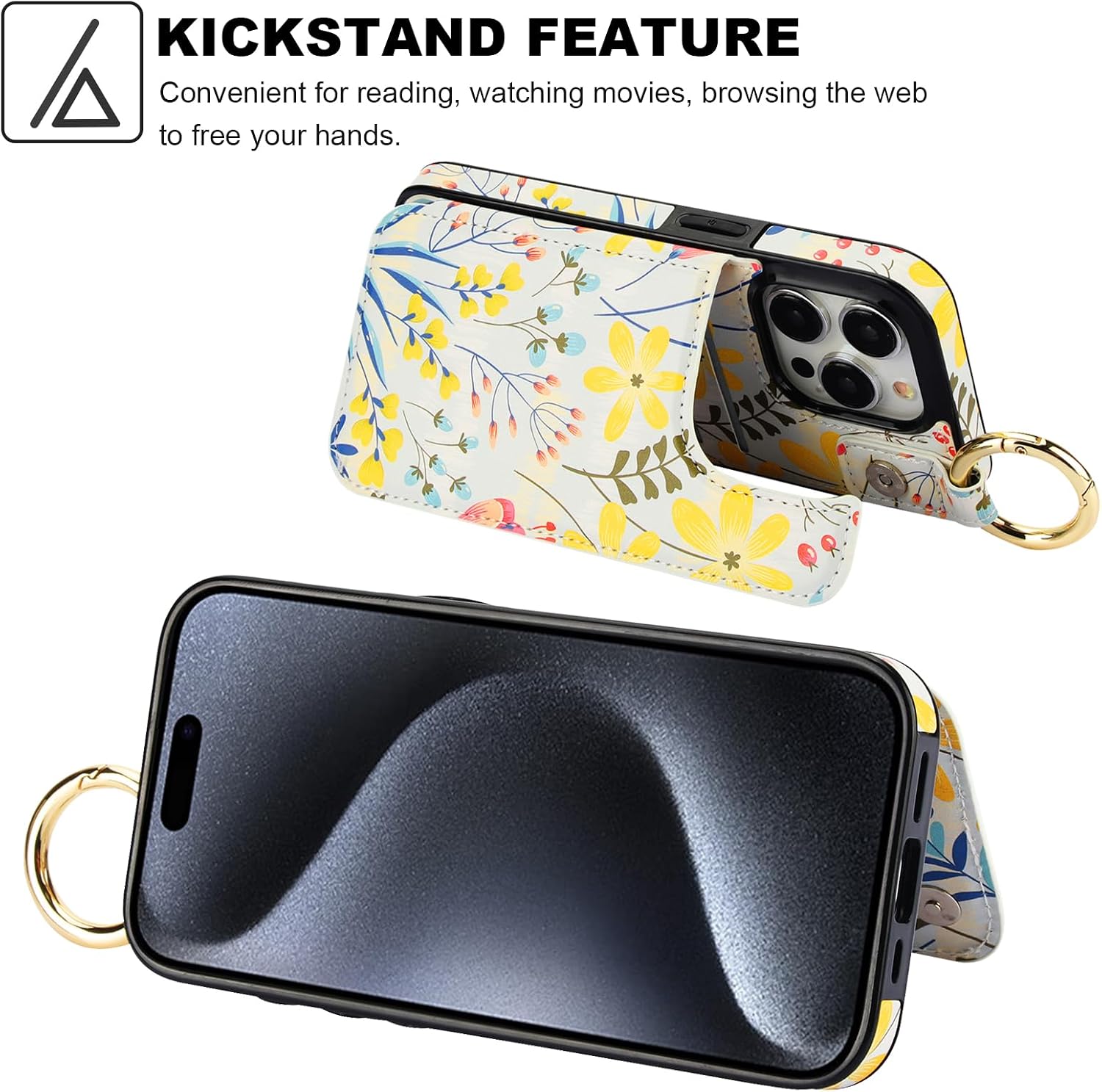 HAOPINSH for iPhone 15 Pro Wallet Case with Card Holder, Floral Flower Print Back Flip Folio PU Leather Kickstand Card Slots Case, Finger Grip Ring Double Magnetic Clasp Shockproof 6.7"